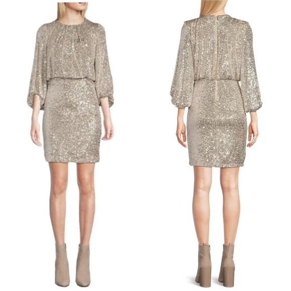 NWT Vince Camuto 3/4 Balloon Sleeve Jewel Neck Sequin Dress in Silver Sz. 2 - Picture 1 of 4